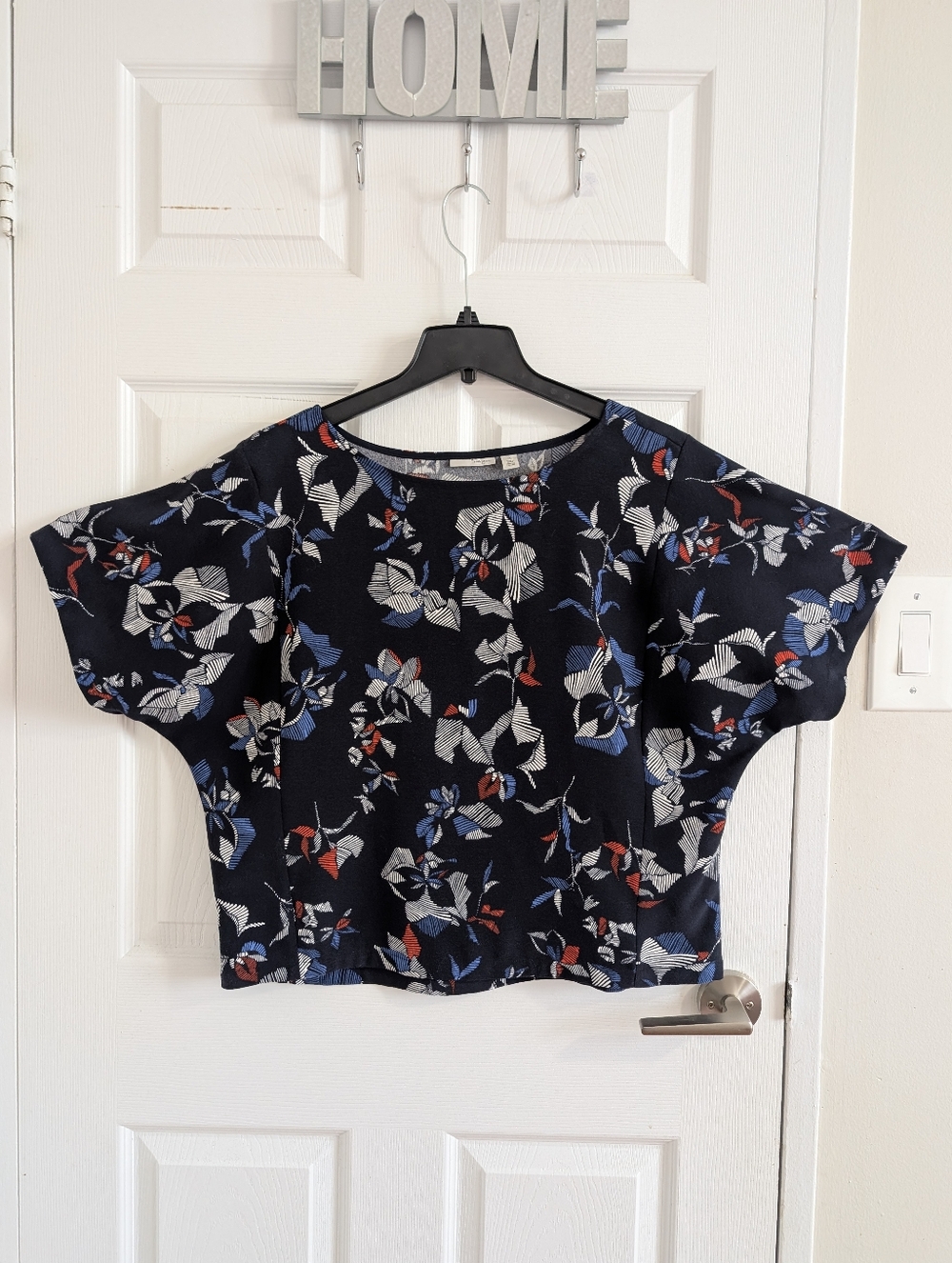 Halogen Navy Floral Abstract Boxy Crop Top Batwing Sleeve Blouse Career Chic - M